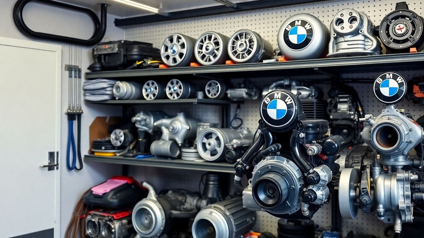 BMW car parts in a workshop