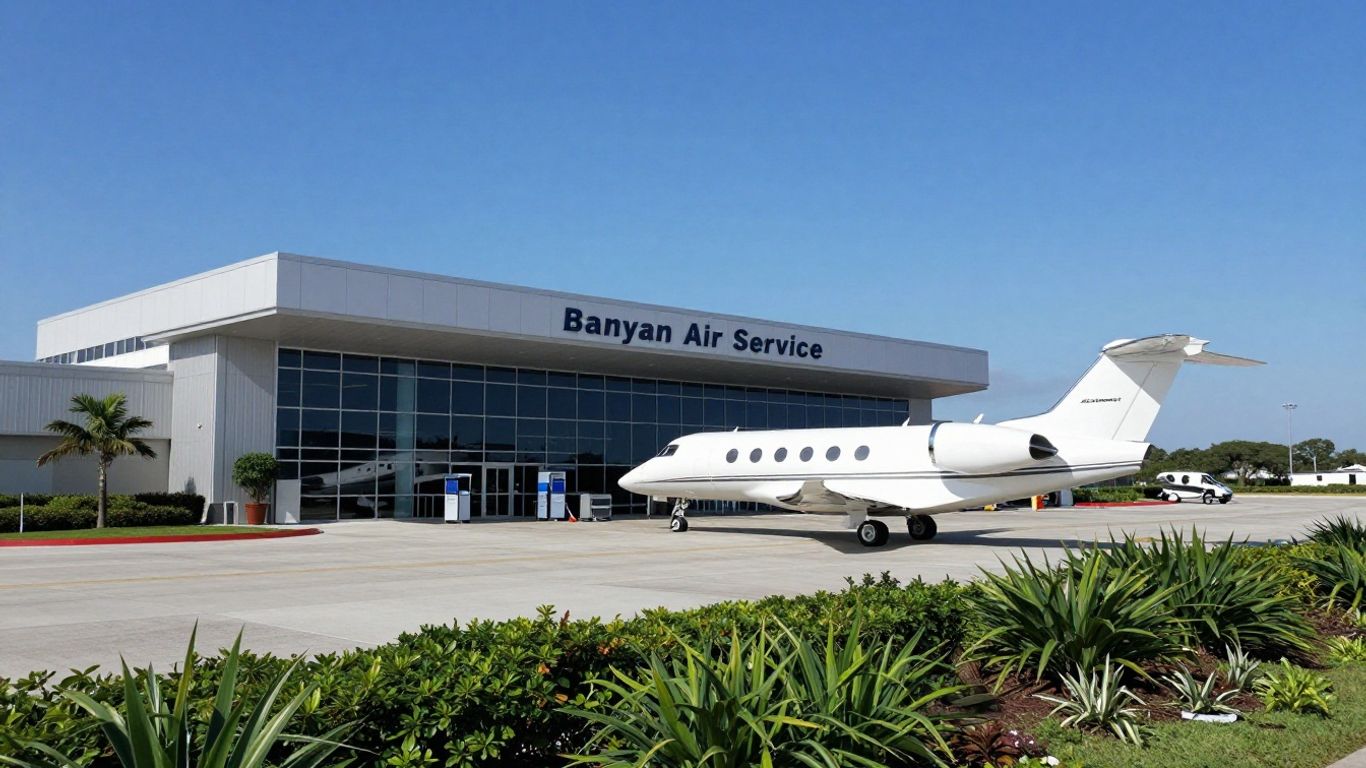 Banyan Air Service FBO terminal with private jet on tarmac.