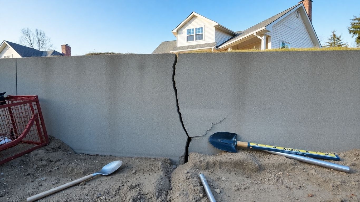 Cracked house foundation with repair tools nearby.