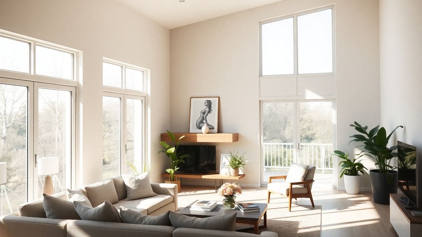 Casa moderna com interiores iluminados e mobiliário elegante.