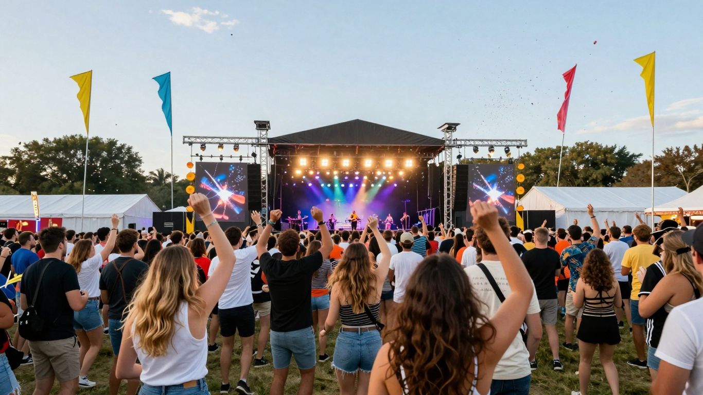 Mensen dansen op een zomers festival met confetti en vlaggen.