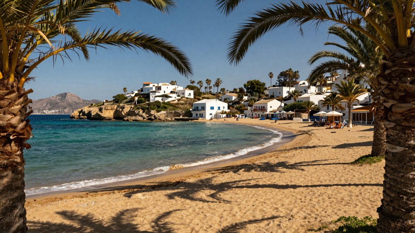 Sunny European beach with palm trees and blue water.