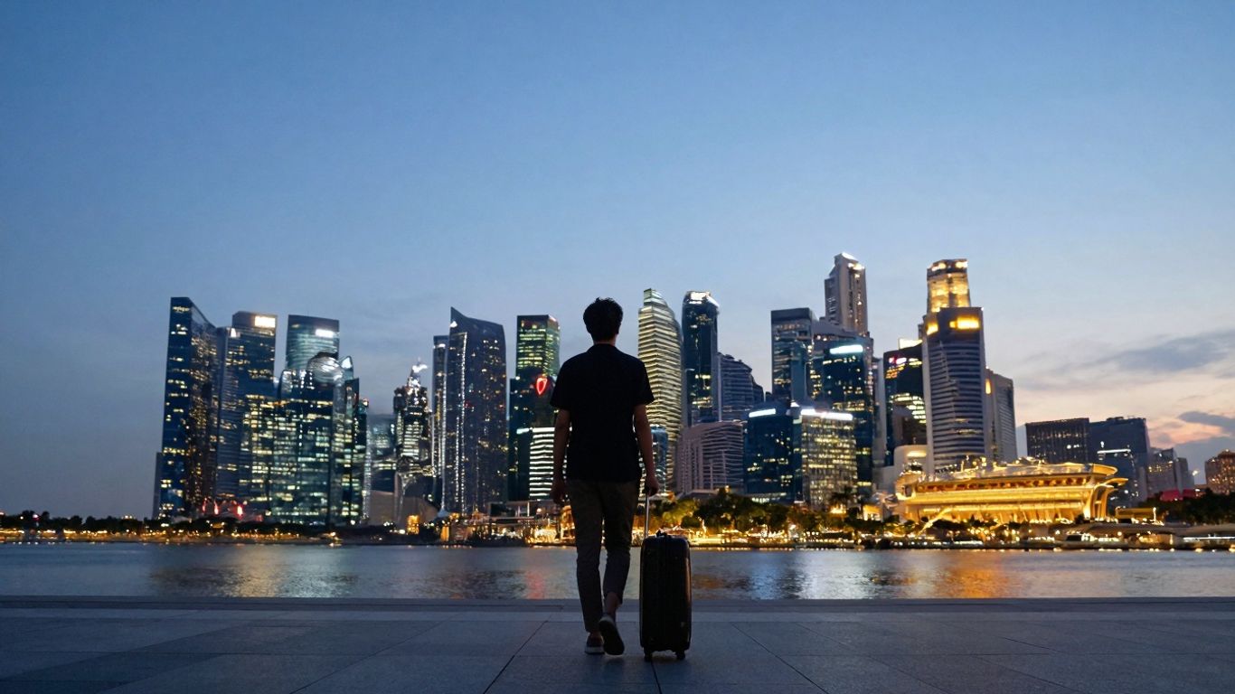 Expats leaving Singapore skyline with suitcase at dusk.