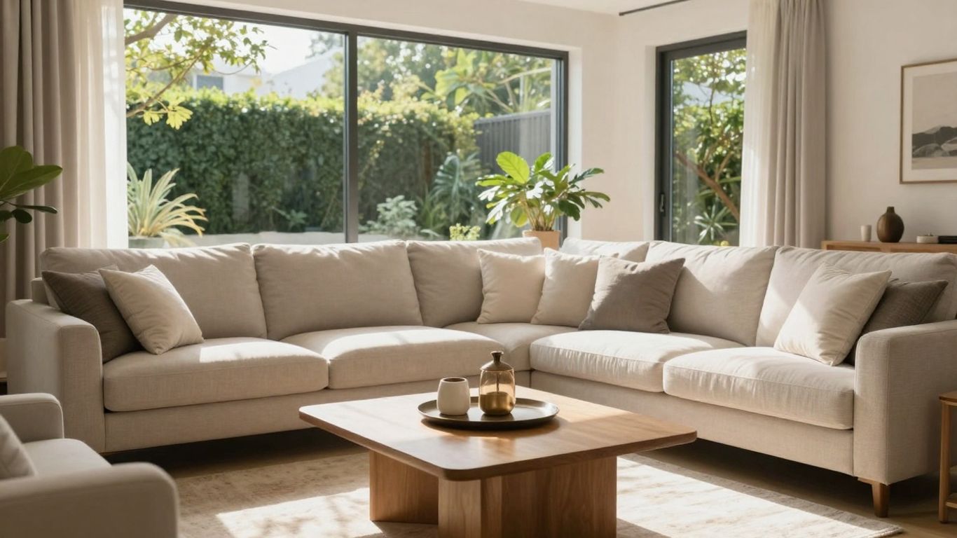 Sala de estar moderna con luz natural y jardín.