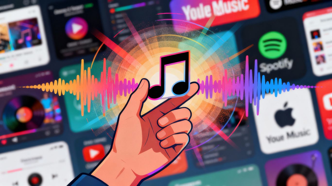 Hand holding song note with sound waves and streaming interfaces.