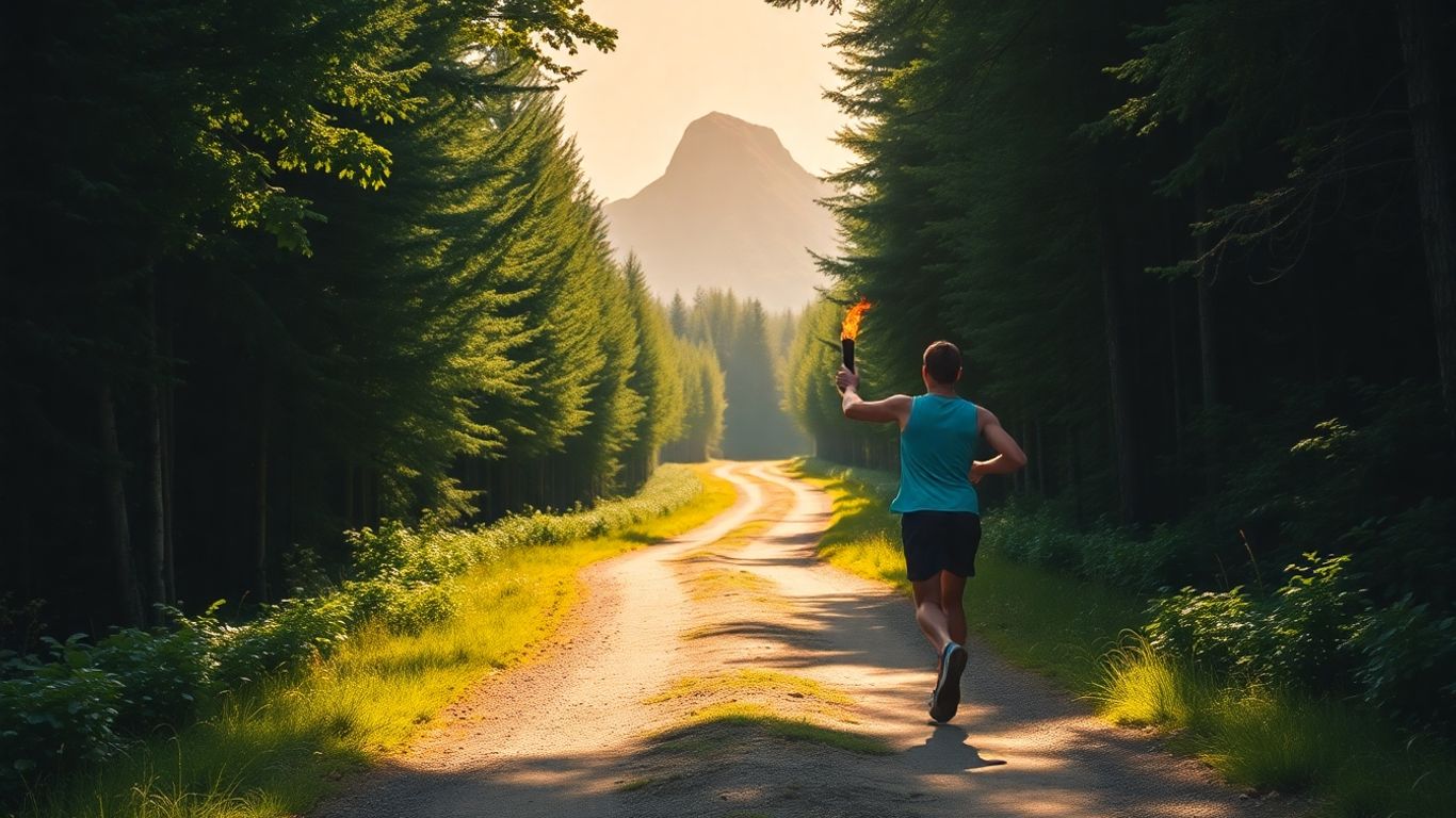 Runner on a long path towards a mountain peak.