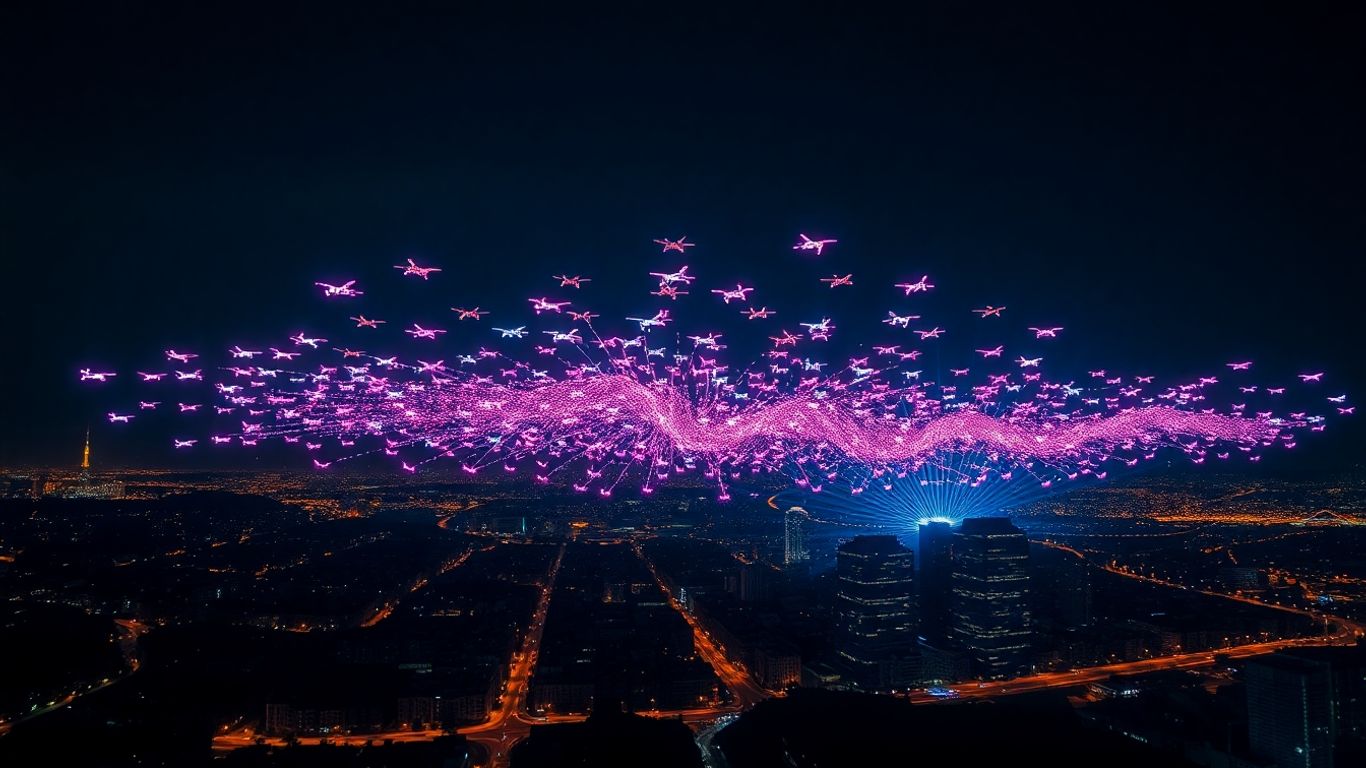 Drone show over city skyline at night