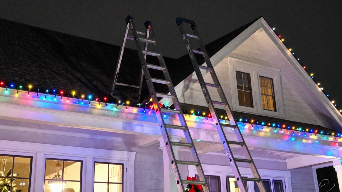 House decorated with Christmas lights, ladder on roof.