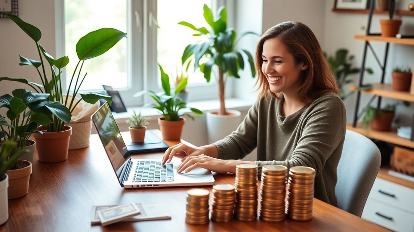 Pessoa feliz trabalhando em casa com dinheiro.