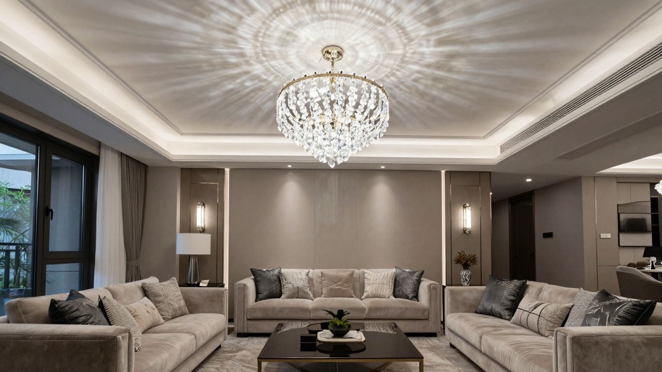 Modern chandelier illuminating a luxurious living room.
