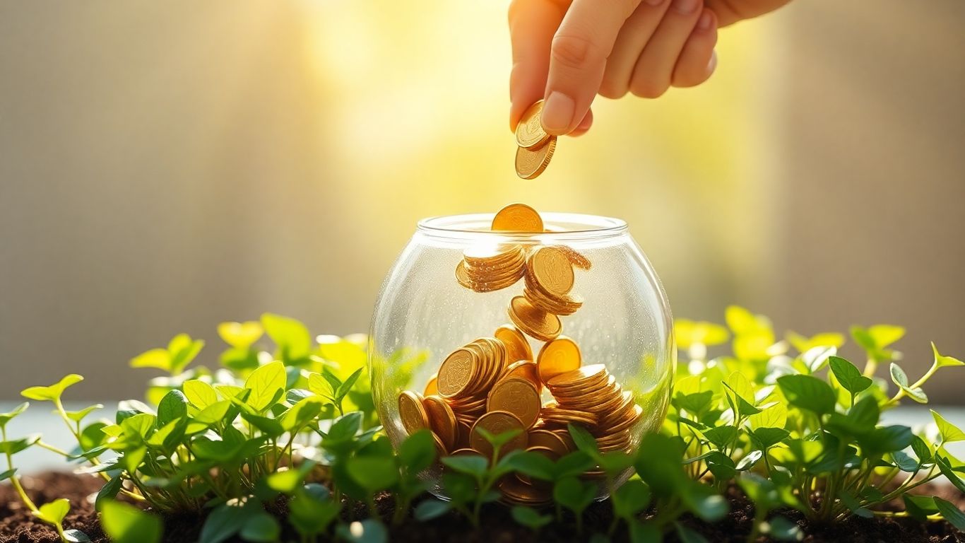 Golden coins filling a piggy bank with green plants.