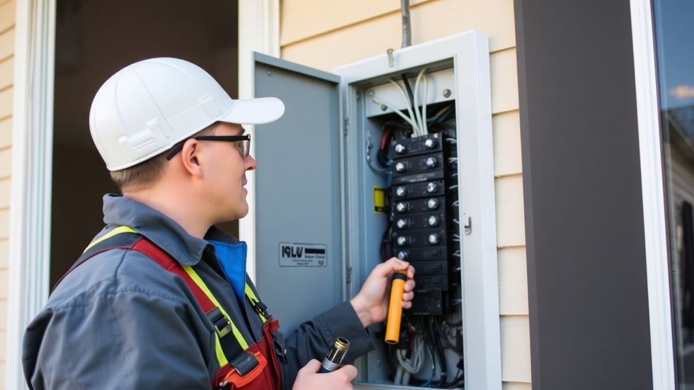 Electrician inspecting home electrical panel outdoors.