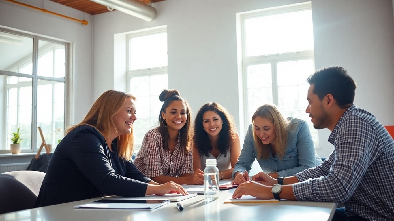 People collaborating in a bright, modern workspace.