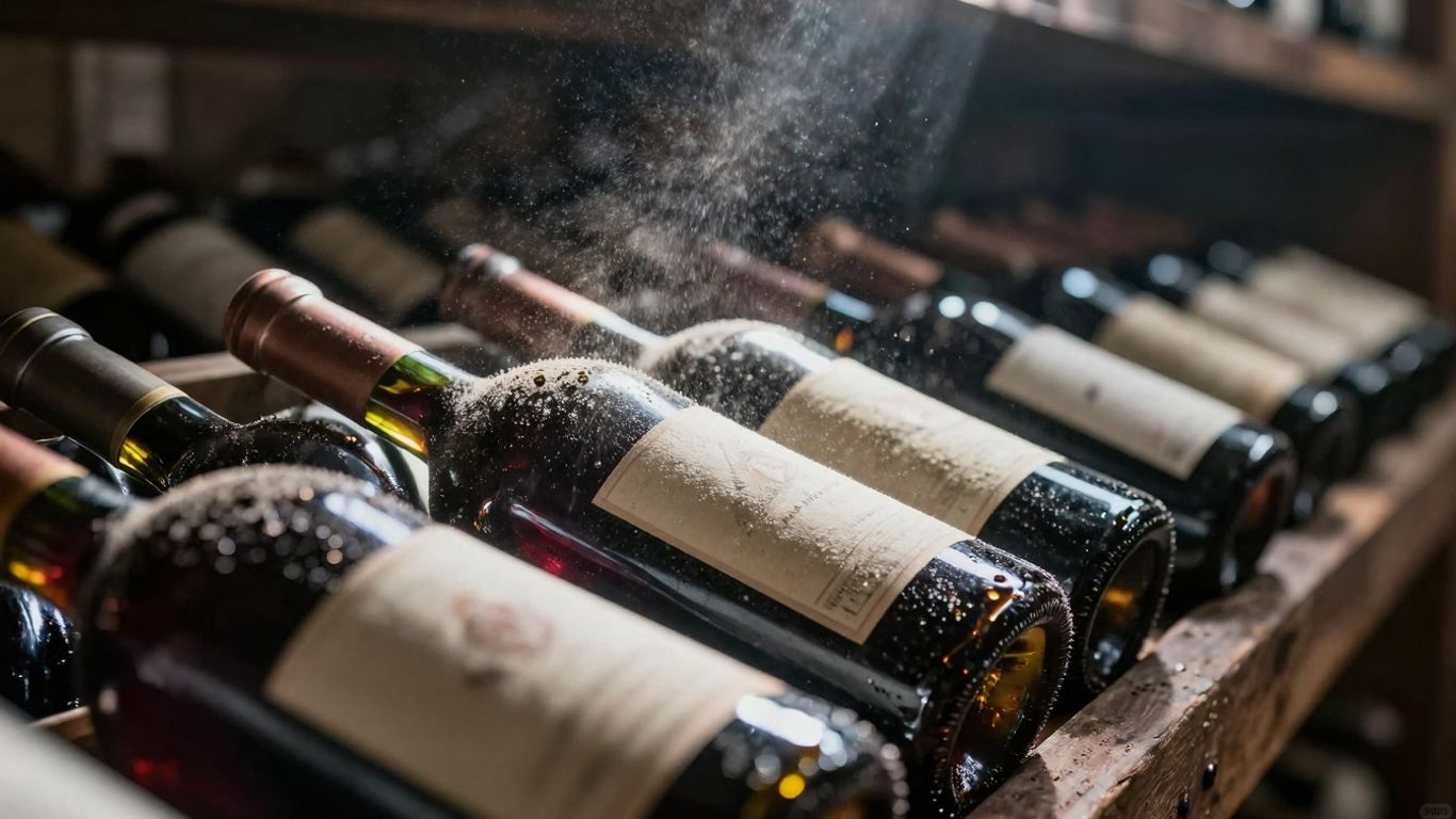 Garrafas de vinho envelhecendo em adega escura.