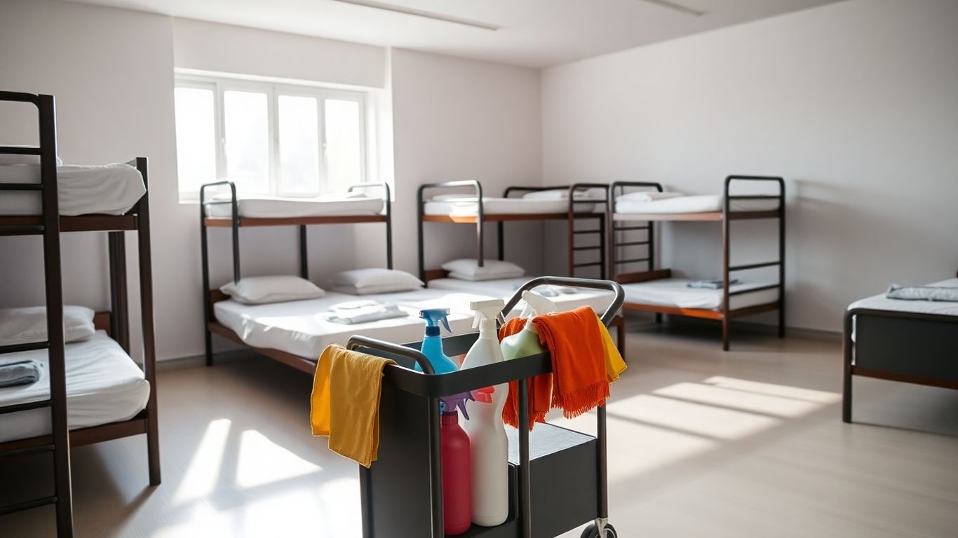 Clean hostel dormitory with cleaning supplies.