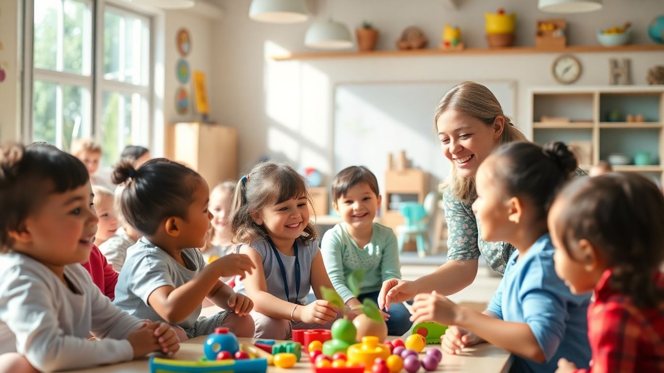 Children learning and playing with a teacher in a classroom.