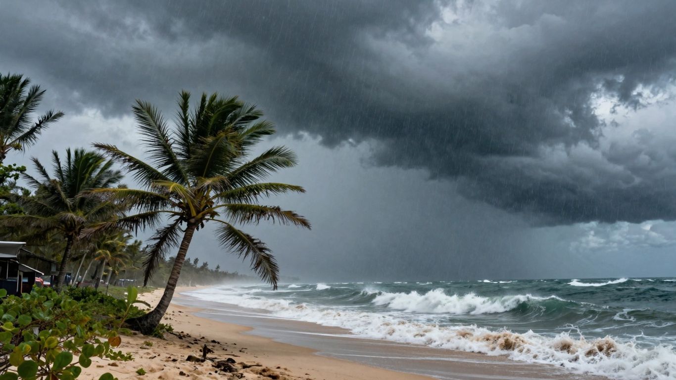 Hurricane clouds over a tropical beach with rough waves.