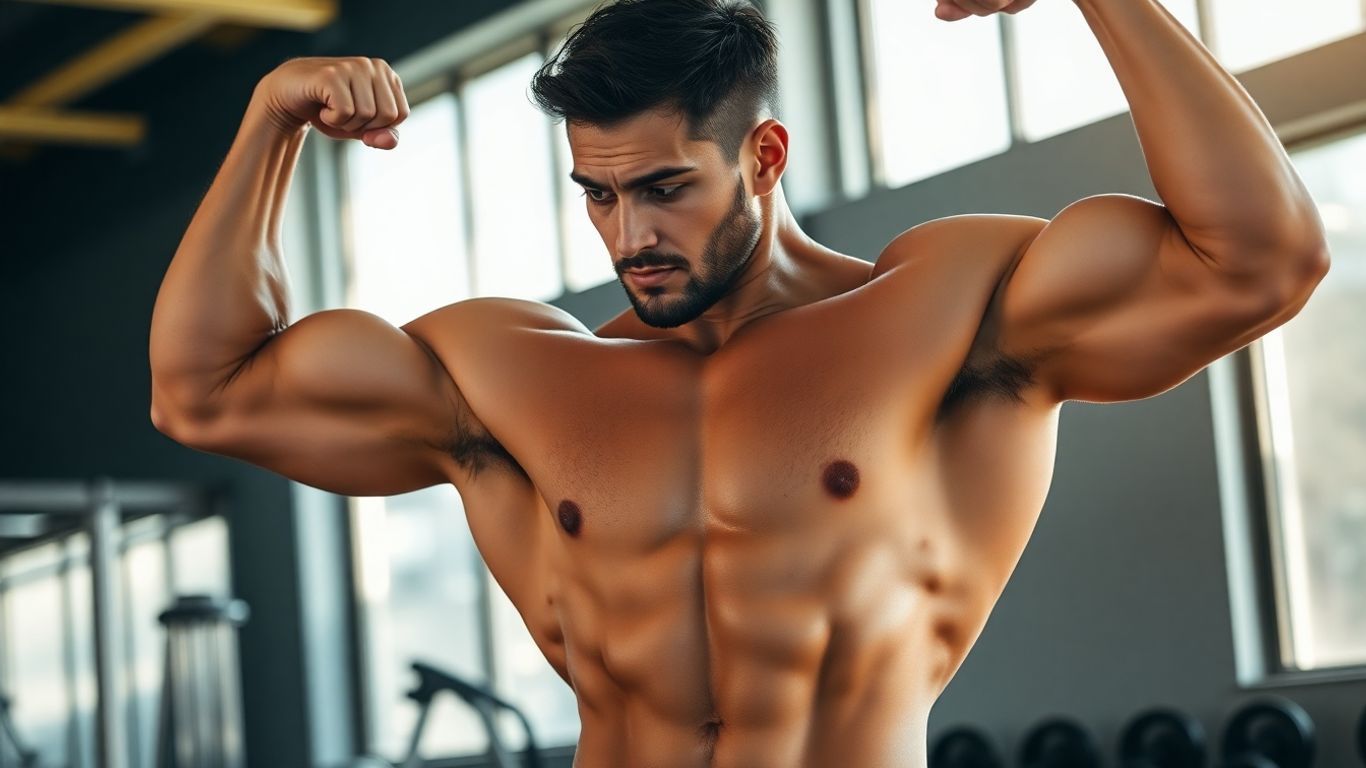 Muscular man flexing in a sunlit gym.