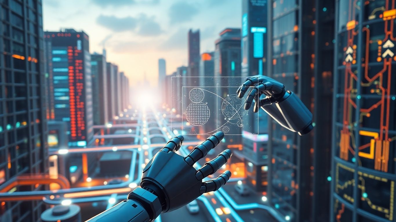 Abstract AI constructs in a futuristic cityscape with glowing pathways.