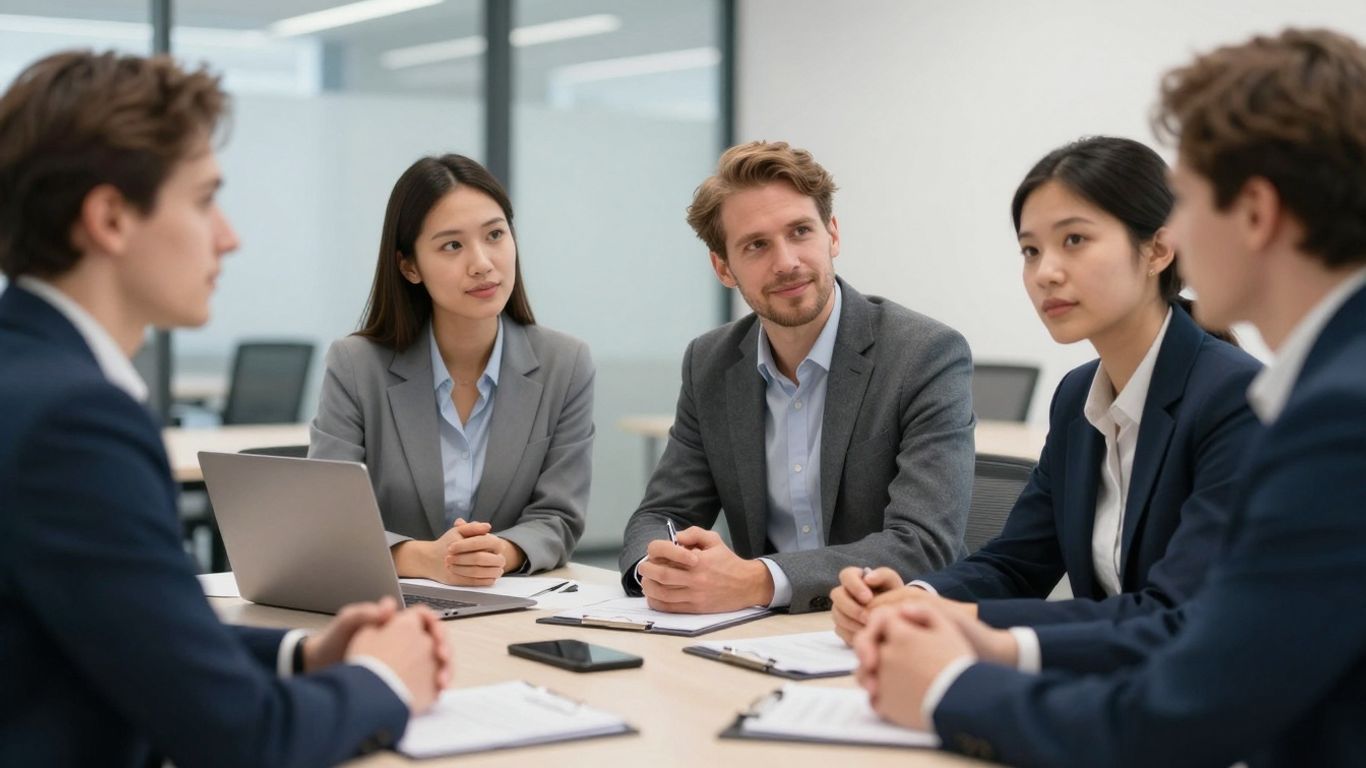 Personen im Büro diskutieren über Datenschutz und Ethik.