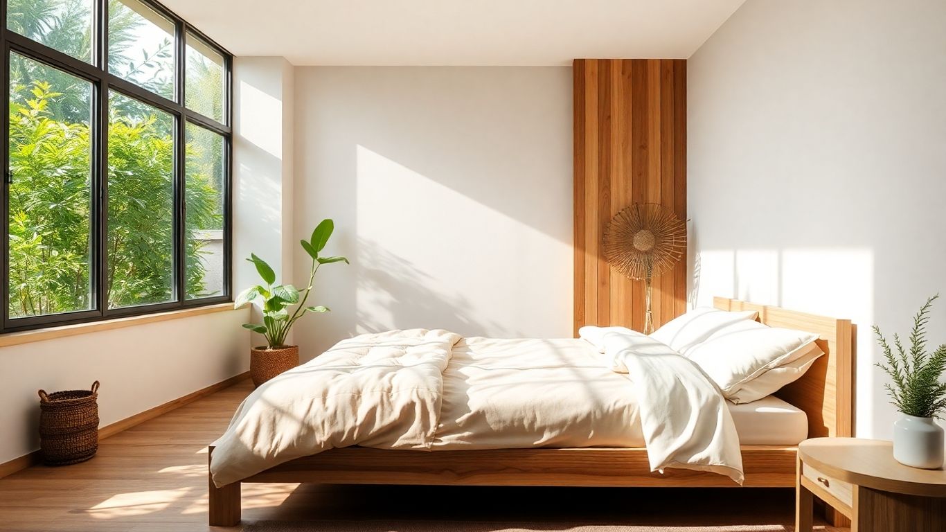 Dormitor modern cu mobilier din lemn natural și plante verzi.