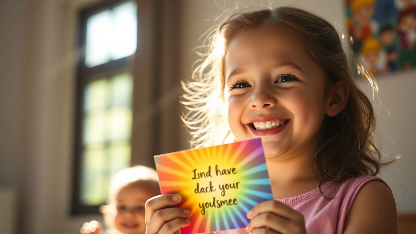 Girl smiling holding affirmation card with sunlight