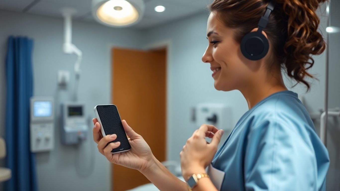 Nurse using AI voice assistant in hospital room