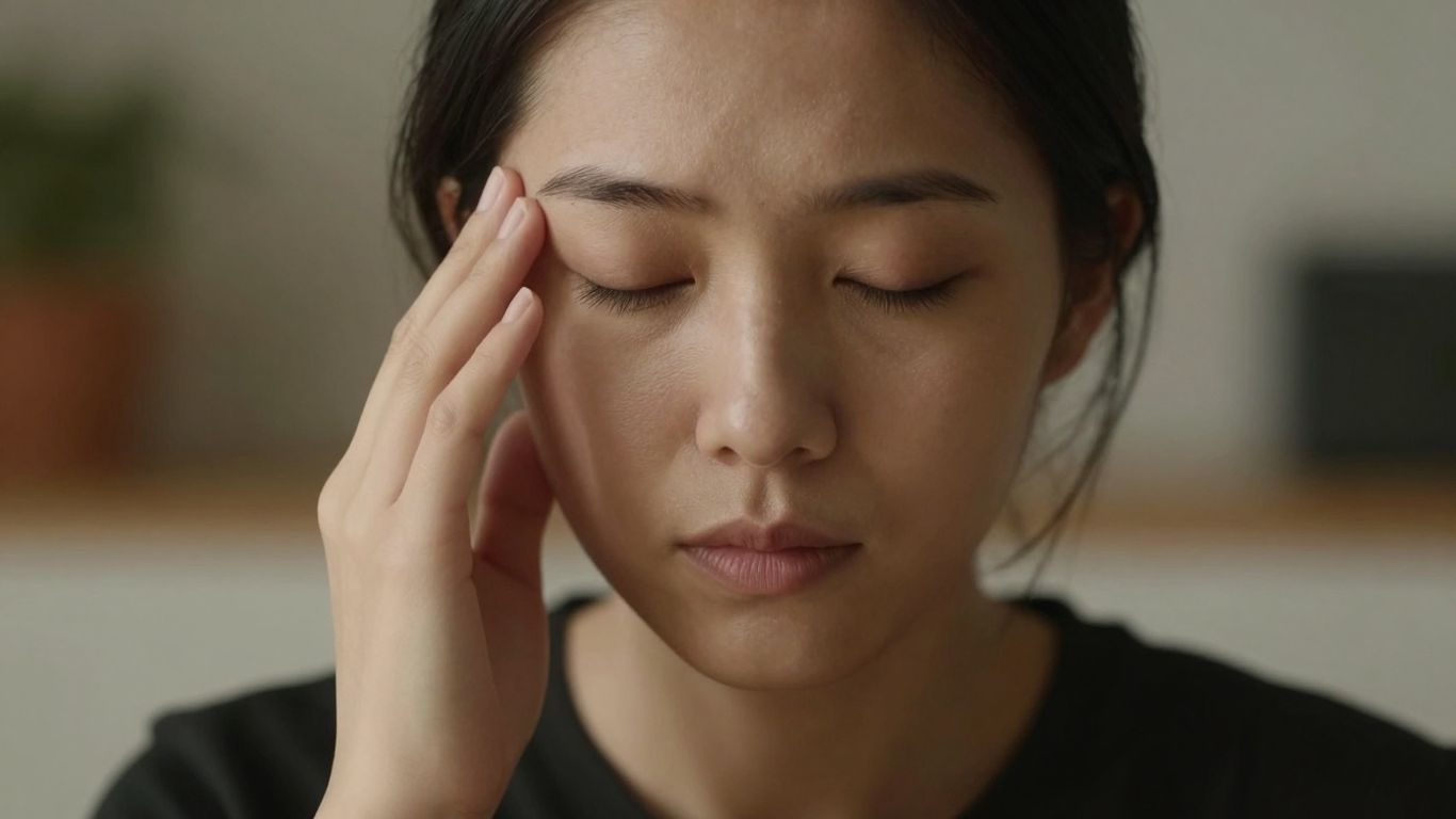 Person meditating with eyes closed, looking peaceful and calm.