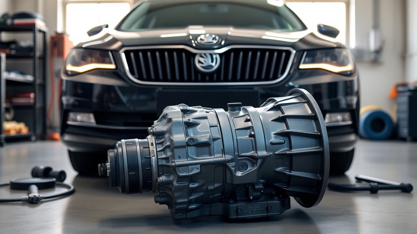 Skoda Superb and transmission unit in garage setting