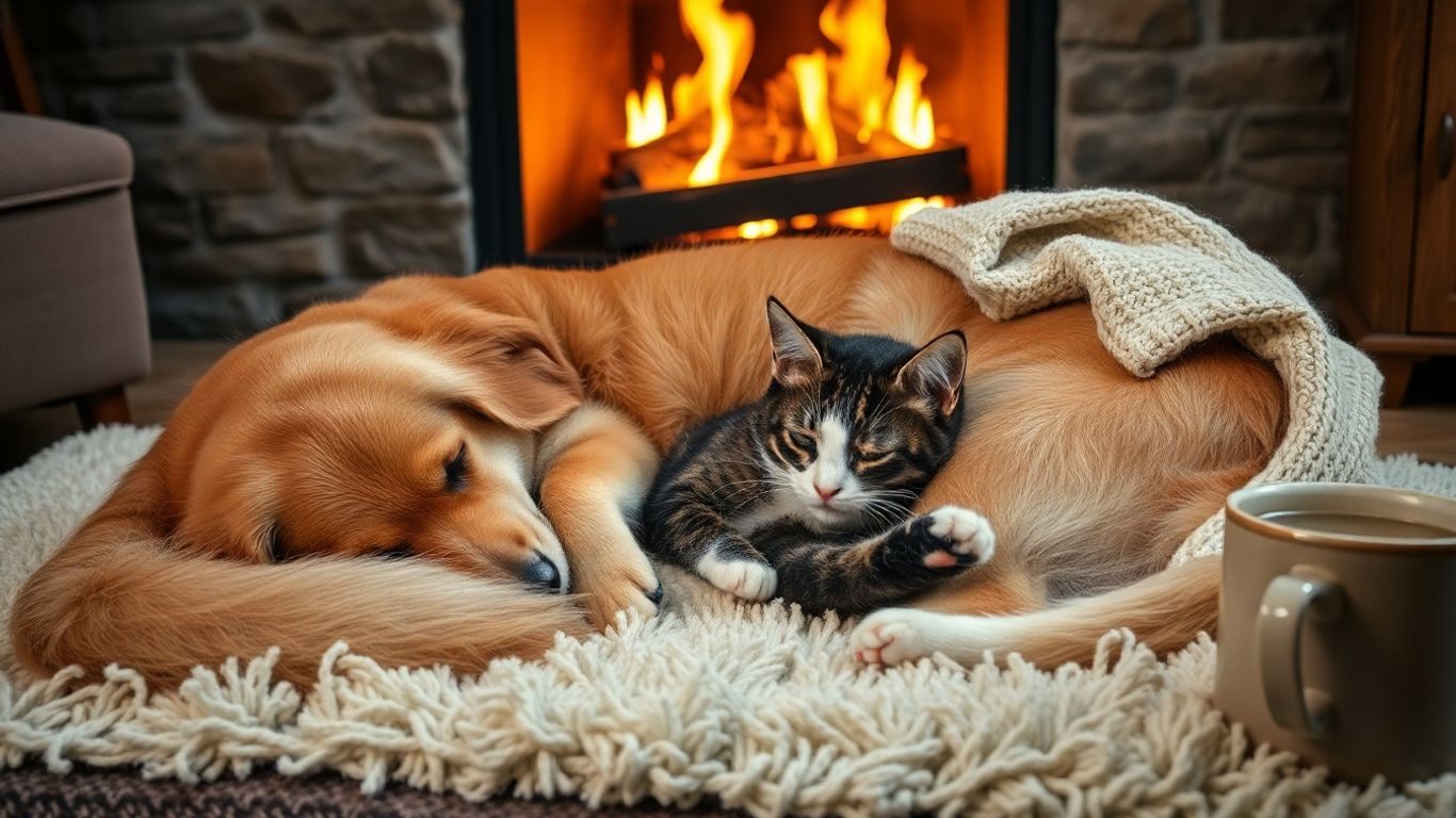 Pets relaxing indoors by a fireplace.