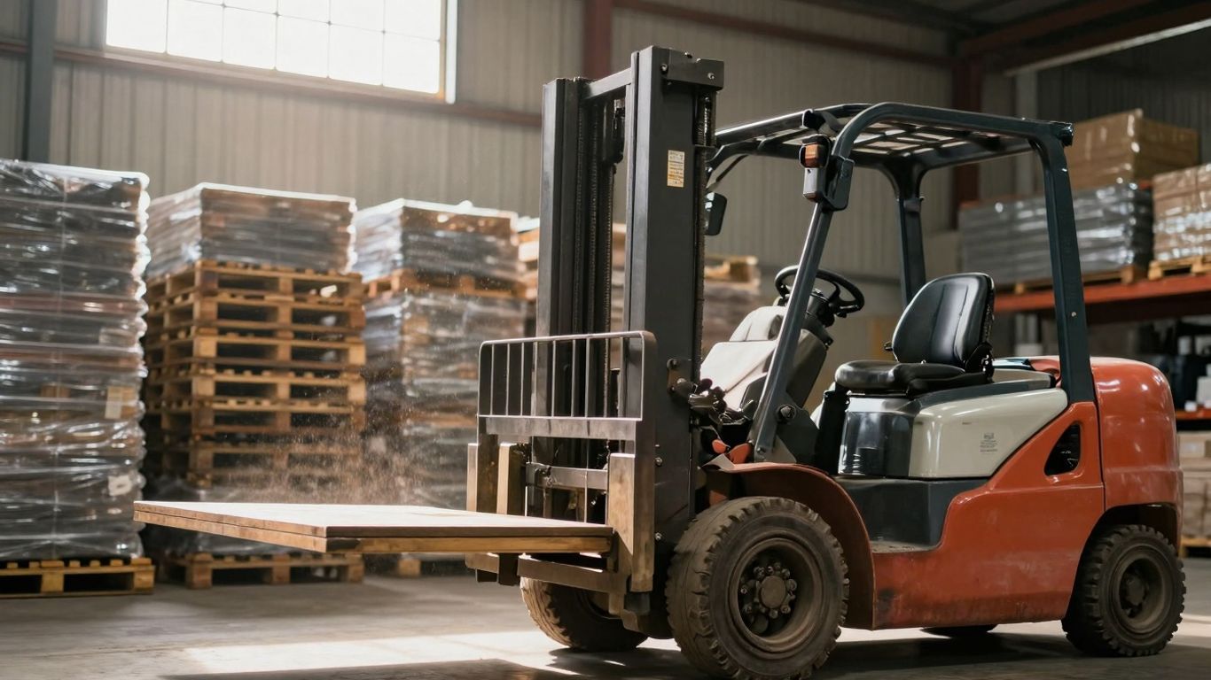 รถโฟล์คลิฟท์กำลังยกของหนักในคลังสินค้า