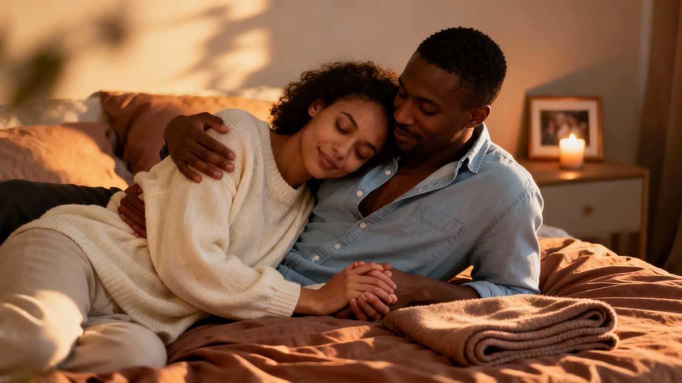 Couple embracing, feeling confident and connected in the bedroom.