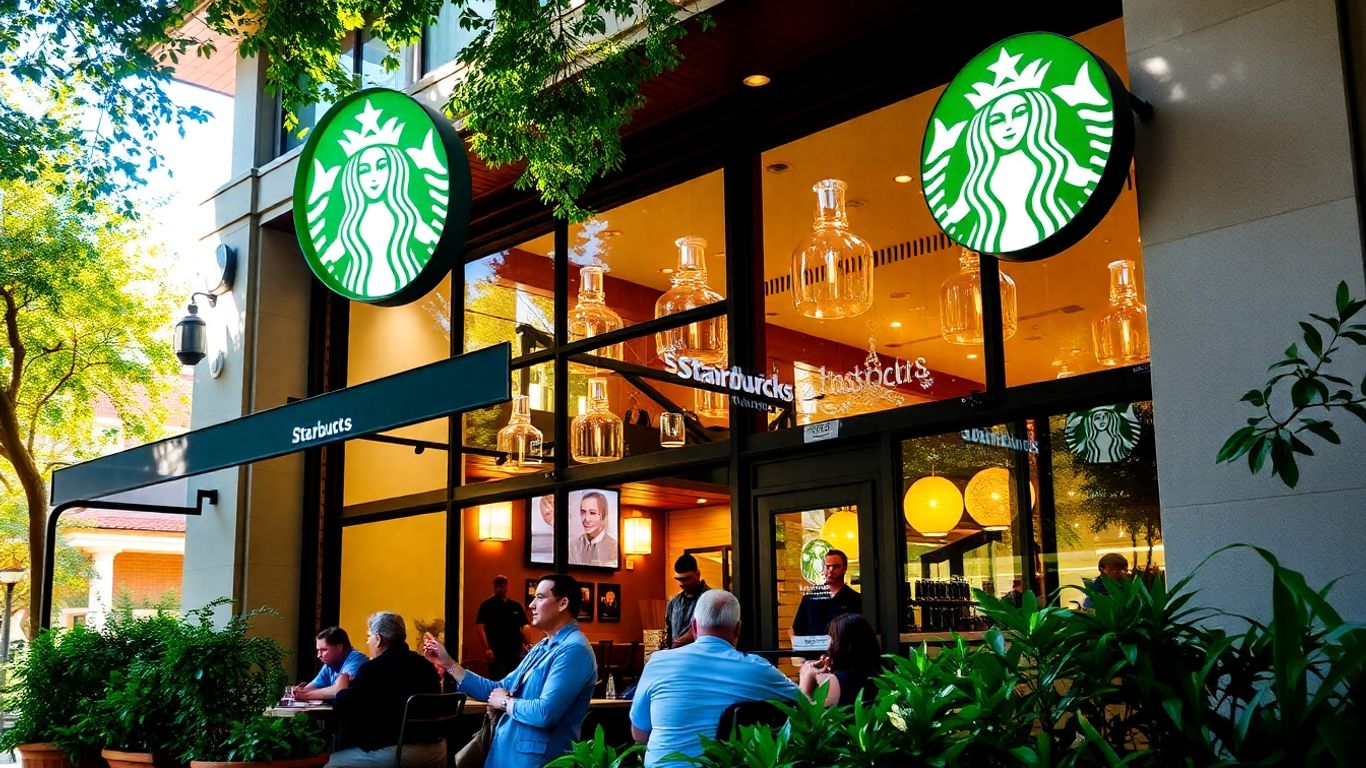 Starbucks storefront with people enjoying coffee