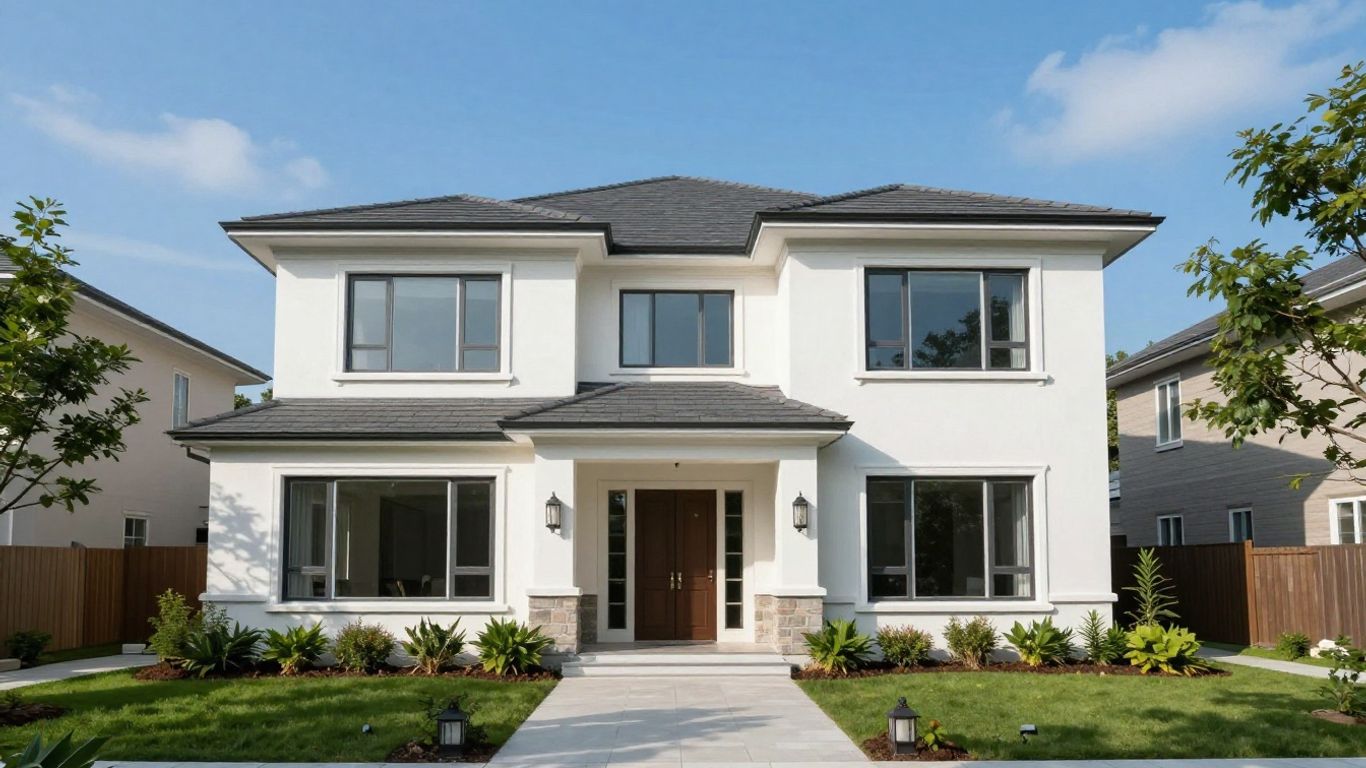 Casa moderna con jardín y cielo azul.