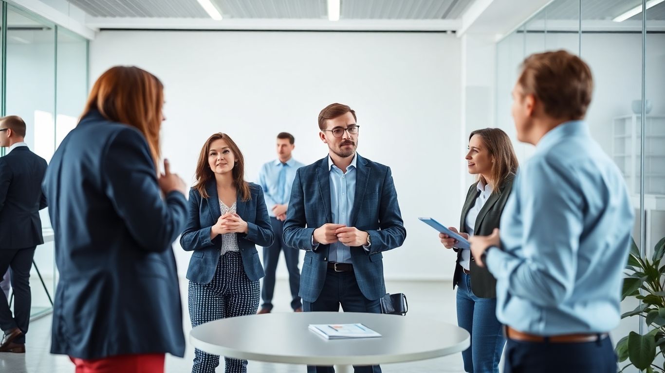 Fachkräfte im Gespräch in einem modernen Büro mit blauen Akzenten.