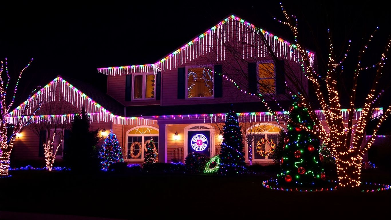 Festive Cottleville house decorated with colorful Christmas lights.
