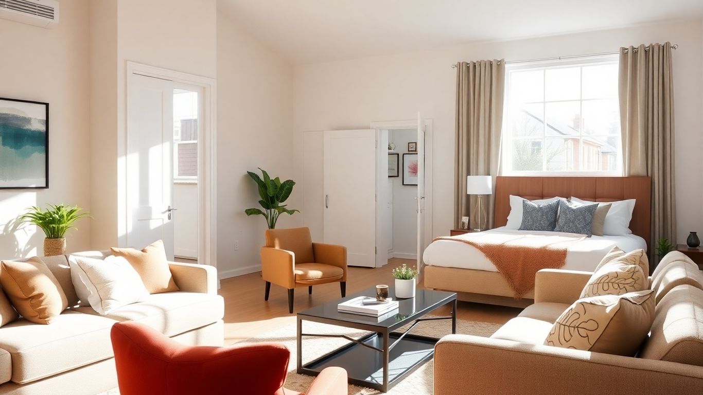 Modern Airbnb living room with stylish furniture and natural light.