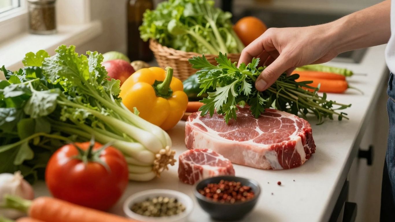 Ingrediente proaspete pentru mâncare tradițională pe un blat de bucătărie.