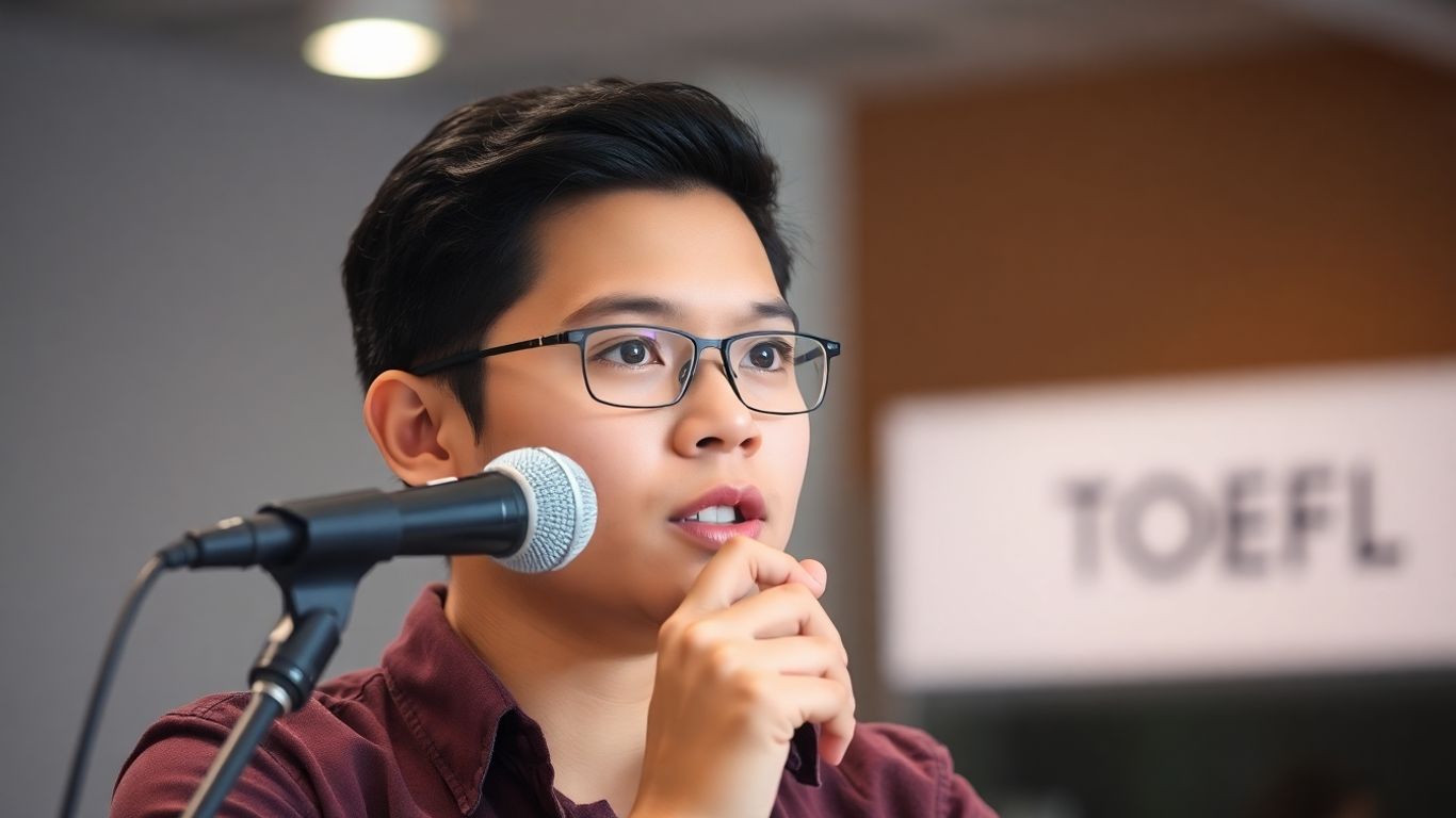 Student speaking confidently into a microphone for TOEFL test.
