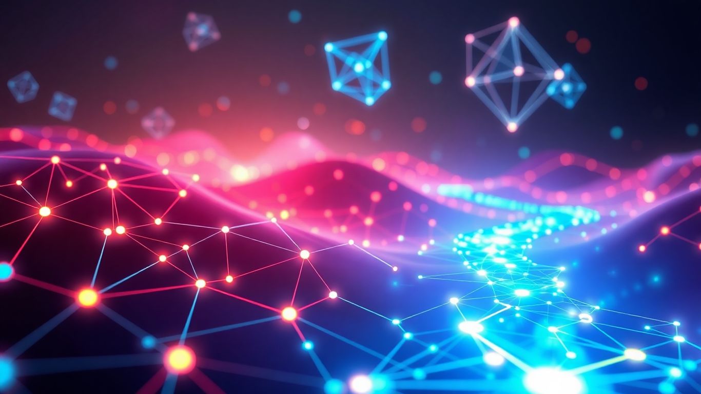 Digital landscape with glowing nodes and abstract shapes.