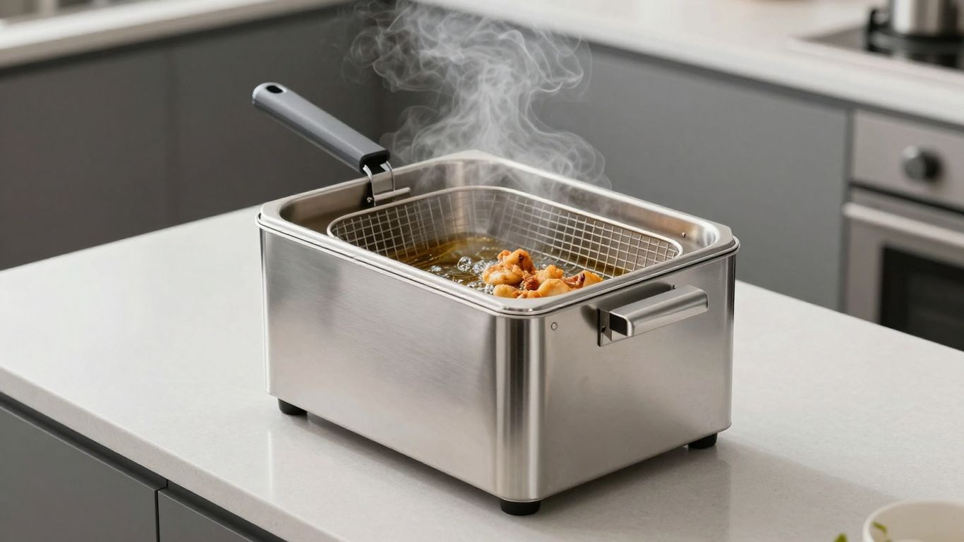 Shiny tabletop deep fryer on a kitchen counter.