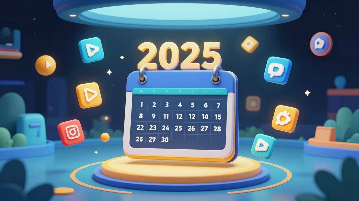 Entertainment channel icons and 2025 calendar in a game-like style.
