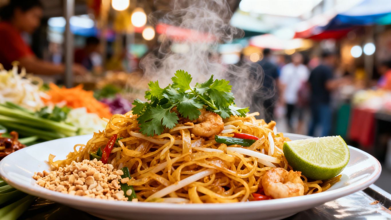 Camden Market food stall with Pad Thai noodles.
