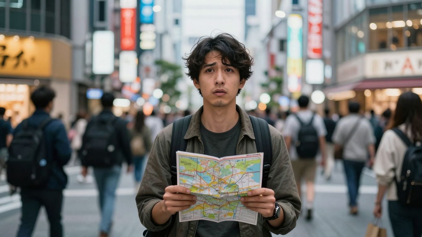 Foreigner looking lost in busy Tokyo street.