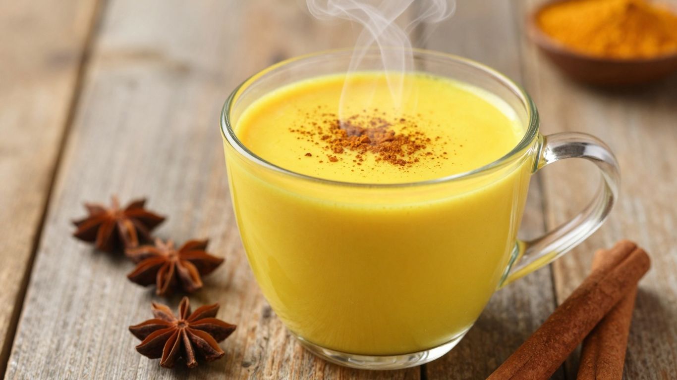 Tasse goldene Milch mit Kurkuma und Zimt