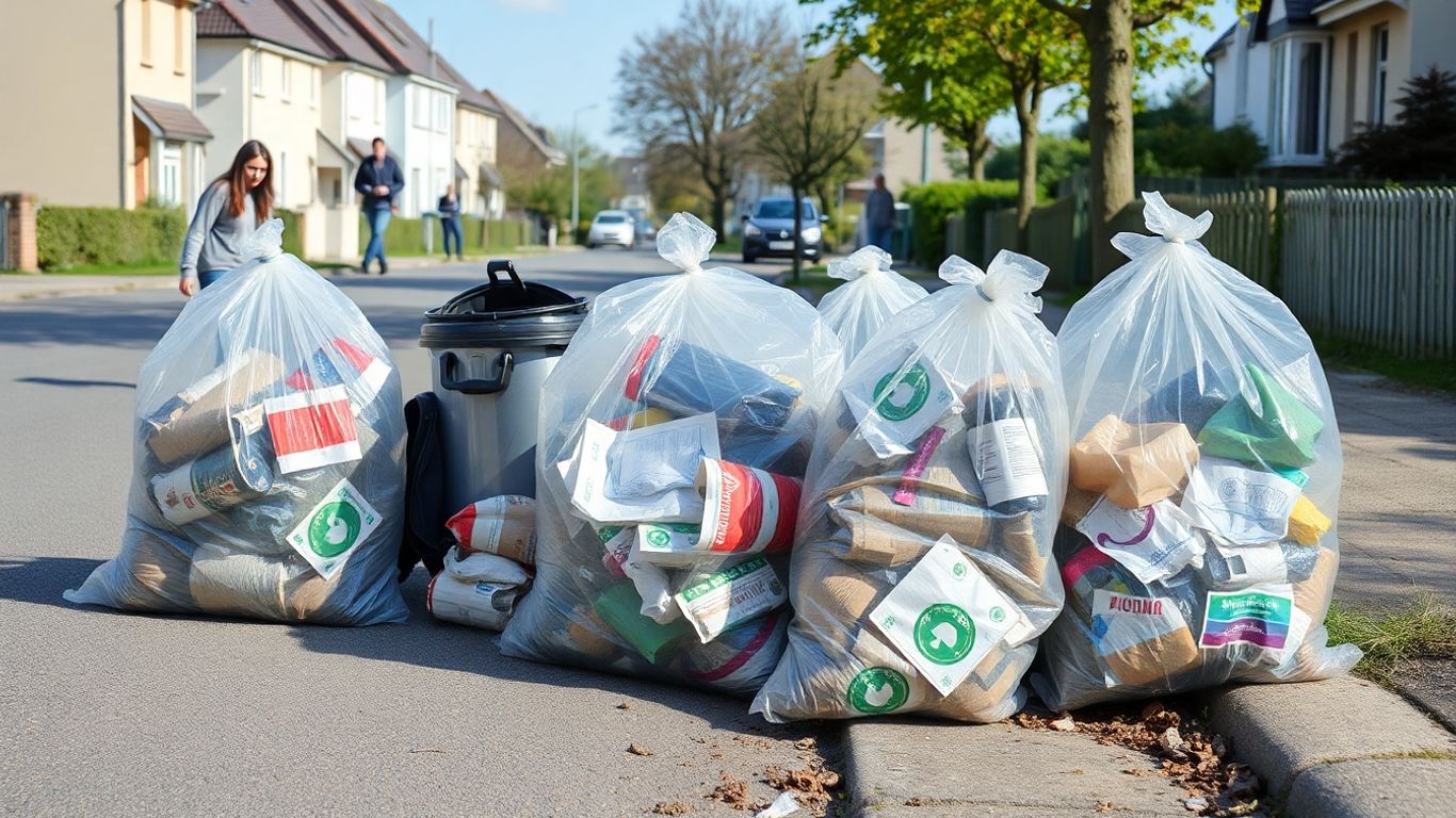 Habitants regardant des sacs-poubelle transparents dans une rue.