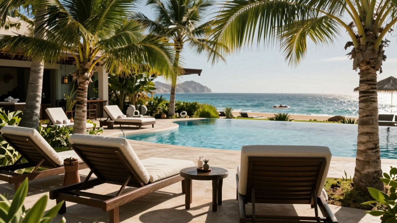 Cabo spa pool with lounge chairs and palm trees.