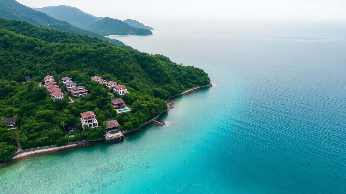 Tranquil East Coast Phuket with villas and calm sea.