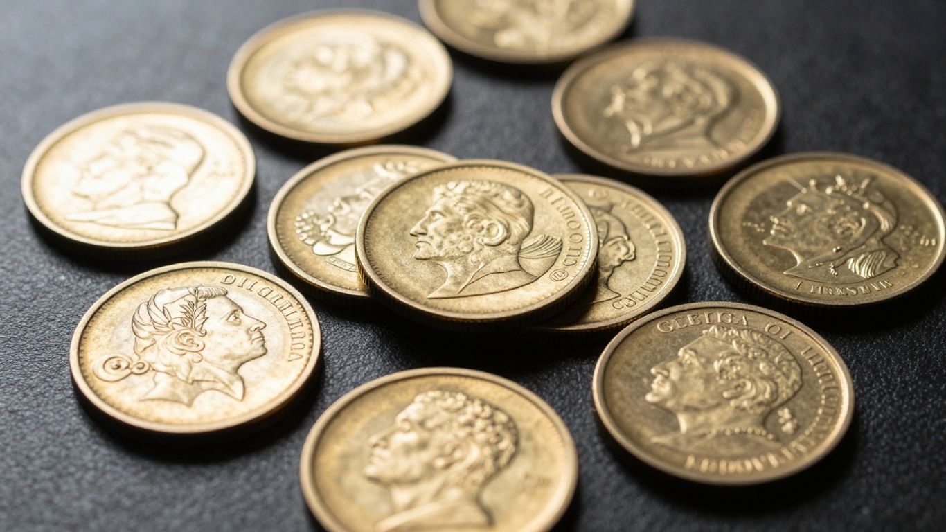 Close-up of valuable gold coins with detailed designs.
