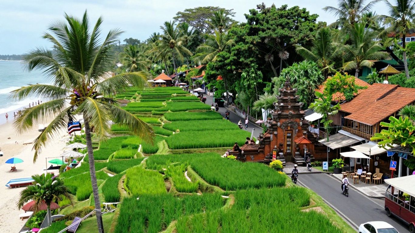 Ubud rice terraces and Seminyak beach scene comparison.